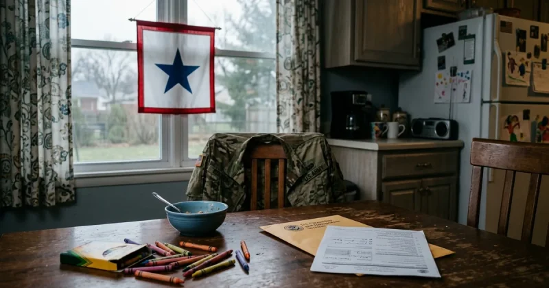 A US Army combat uniform draped over a kitchen chair beside a child's cereal bowl, scattered crayons and immigration forms, with a blue-star service banner in the window