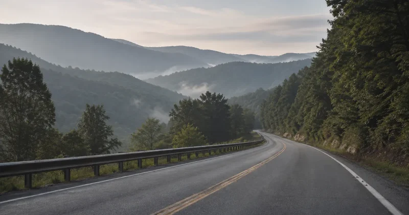 An empty two-lane rural highway curves through fog-filled Appalachian ridgelines at dawn, a metal guardrail running along the left shoulder and a narrow paved shoulder on the right
