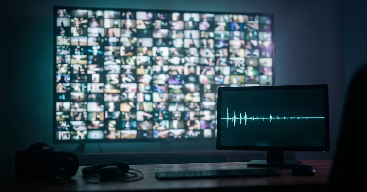 A large screen in a dark room filled with a grid of small blurred video clips next to a second monitor showing a glowing audio waveform