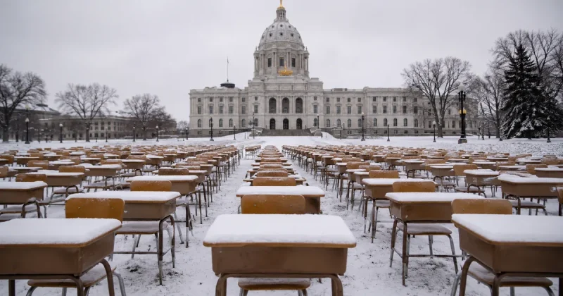 Rows of empty wooden school desks dusted with snow arranged on the lawn in front of the domed Minnesota State Capitol under an overcast sky