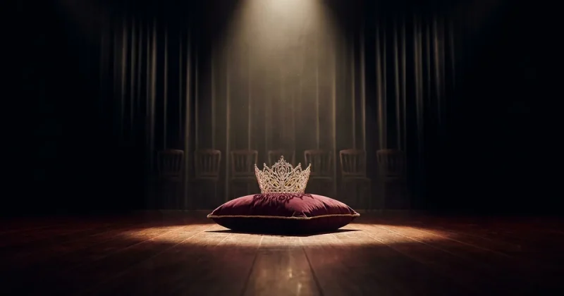 A rhinestone crown rests on a burgundy velvet cushion on a dark empty theater stage under a single spotlight
