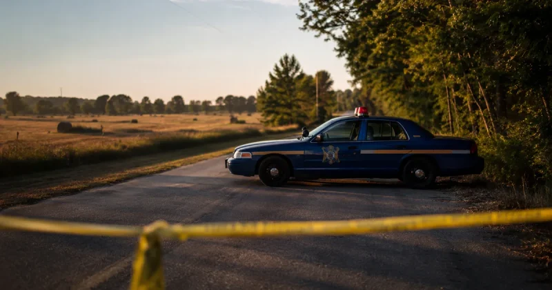 A blue and gold Michigan State Police cruiser with a red roof beacon parked across a rural two lane road at sunset, yellow police tape strung across the foreground, a cut hay field and treeline behind it.