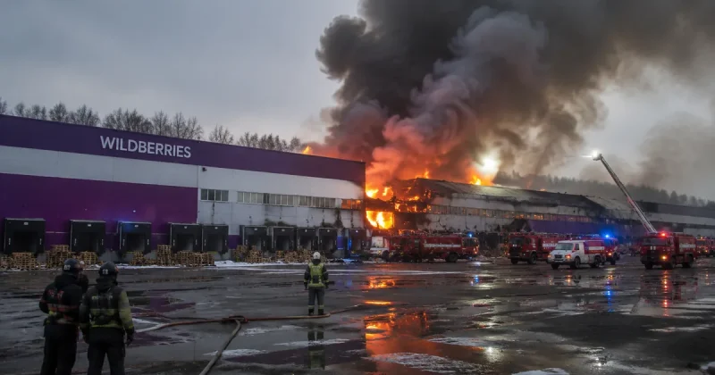 Firefighters and emergency vehicles at a large purple and white Wildberries distribution warehouse with flames and black smoke pouring from its collapsed roof