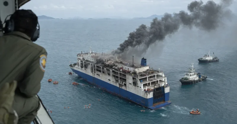 Aerial view from a rescue aircraft of a scorched blue and white roll-on roll-off ferry adrift at sea, black smoke pouring from its upper decks, with tugboats and small orange inflatable boats alongside and people in life jackets in the water