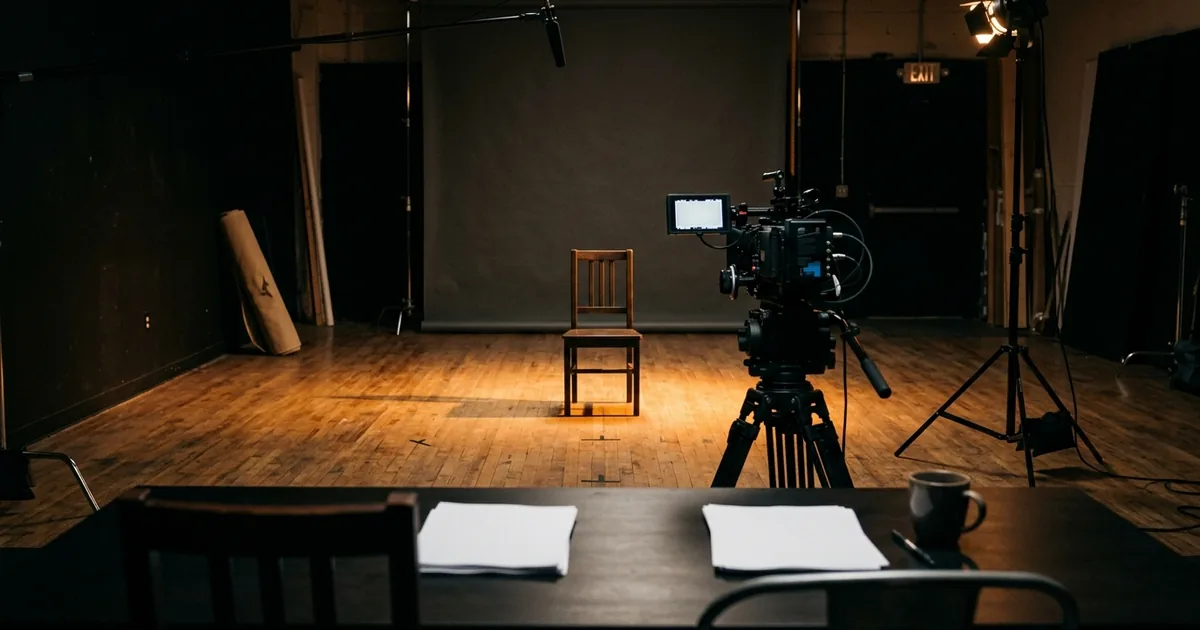 An empty casting audition room photographed from behind the casting table, with one wooden chair lit by a warm spotlight facing a cinema camera on a tripod
