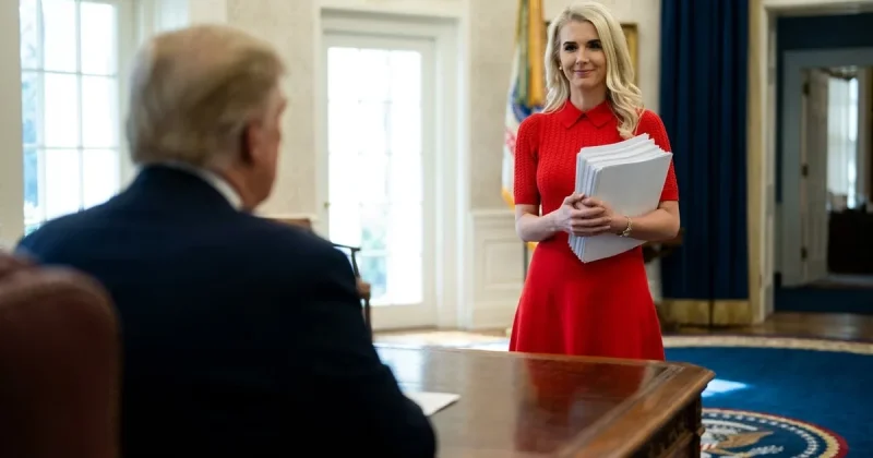A blonde woman in a red dress holds a thick stack of printed pages in the Oval Office while a seated figure at the Resolute Desk faces away from the camera