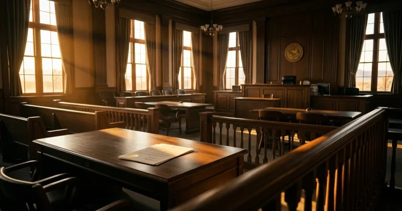 Late afternoon light falling across an empty courtroom, with a sealed multi-page document lying on a vacant counsel table