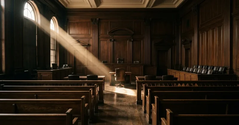 An empty wood-panelled federal courtroom with unoccupied benches and jury box, a single shaft of afternoon sunlight crossing the floor
