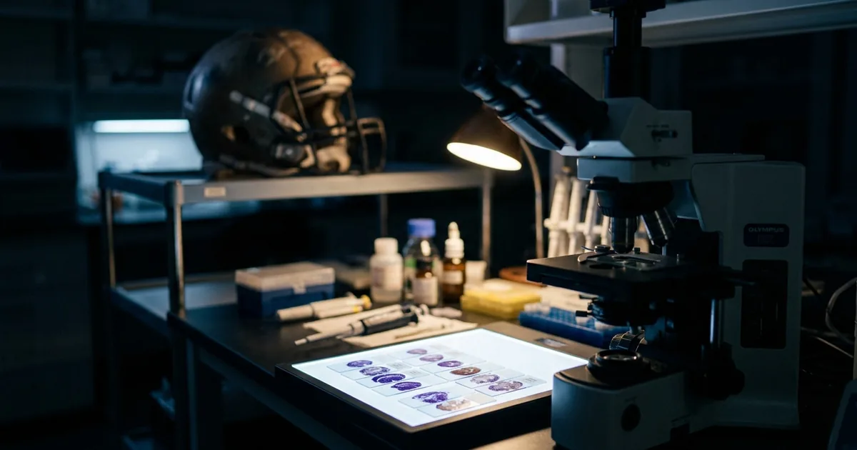 Stained human brain tissue sections on a glowing light box beside a microscope, with a worn football helmet on a shelf in the darkened background