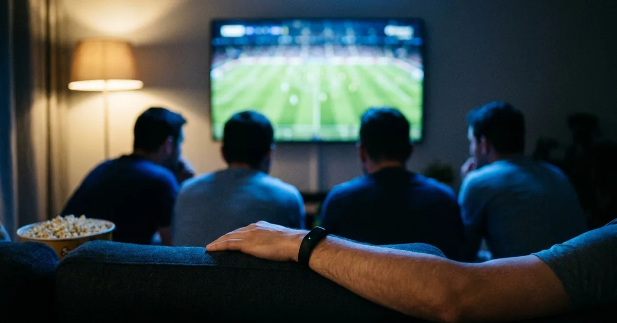 Four people sit silhouetted on a sofa watching a football game on television at night, with a plain black wrist band on a forearm in the foreground