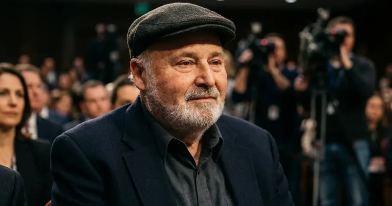 Rob Reiner in a dark flat cap and navy blazer seated among an audience with news cameras behind him