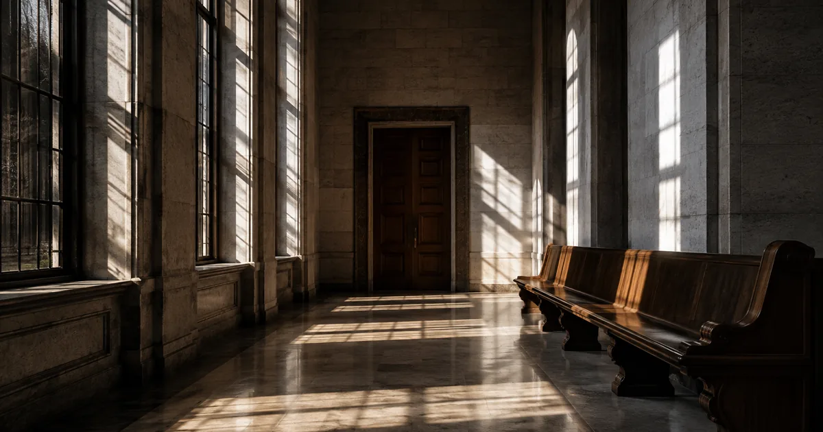 A formal stone courthouse corridor with shafts of afternoon light across the floor and an empty wooden bench along the wall