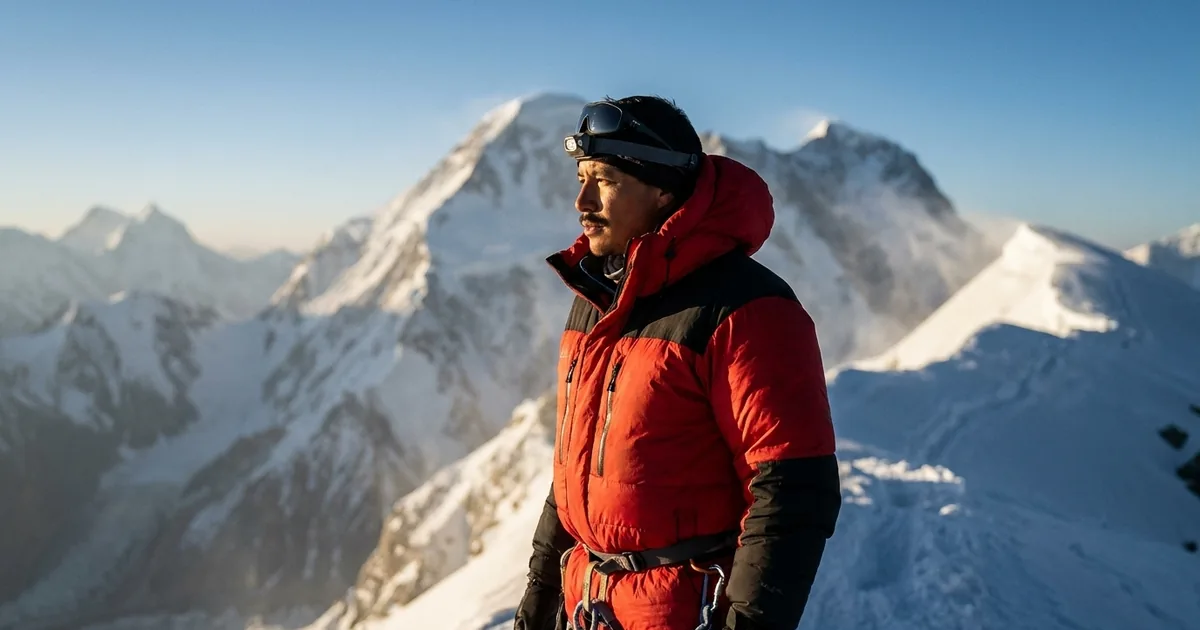 Mountaineer Nirmal Purja in a red and black down expedition suit standing on a snow ridge with a glaciated Karakoram peak behind him