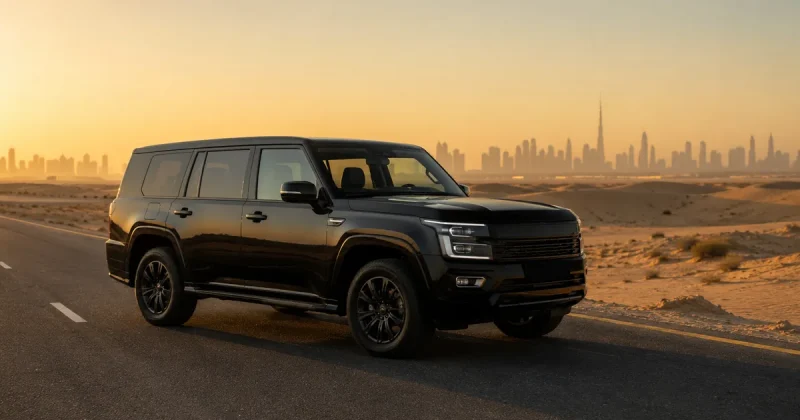 Large black boxy full-size seven-seat SUV on an empty desert highway with the Dubai skyline on the horizon