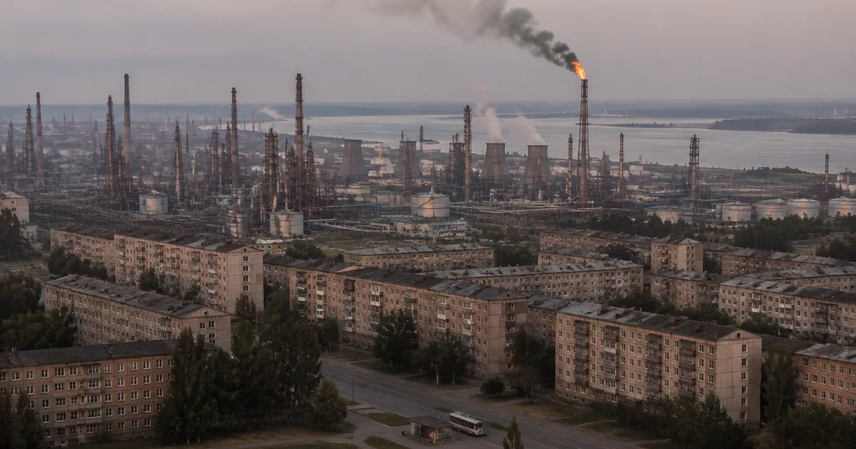Soviet-era apartment blocks in Nizhnekamsk with an oil refining and petrochemical complex directly behind them, a flare stack burning orange and dark smoke drifting across a hazy dawn sky