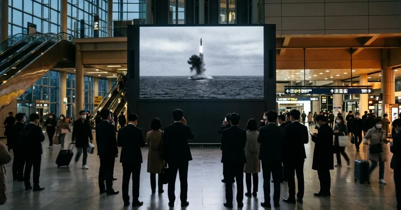 Commuters in a Seoul train station stand watching a large screen showing grey footage of a ballistic missile lifting off over open sea