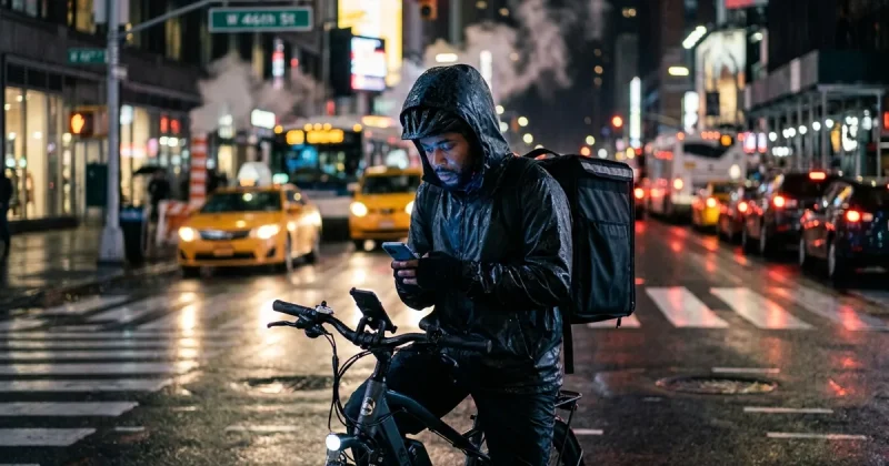 A food delivery cyclist with an insulated backpack straddles an e-bike on a rain-slicked Manhattan street at night, looking at a glowing phone screen as taxi headlights blur behind