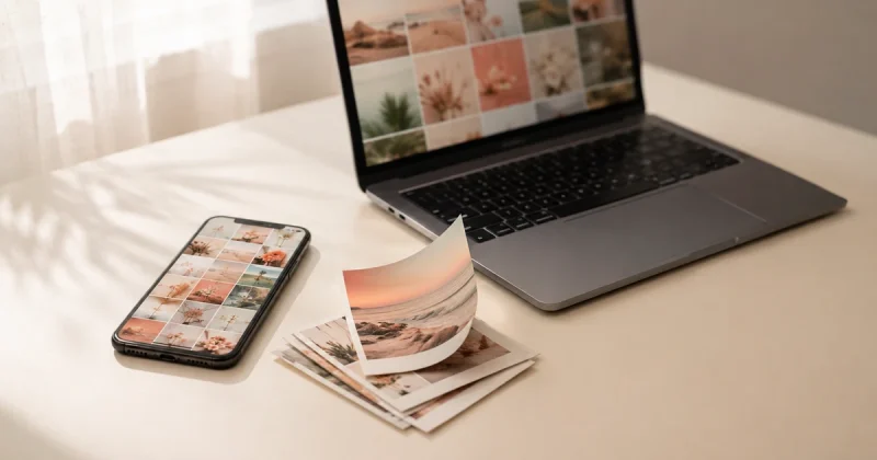 Phone and laptop on a desk showing a grid of lifestyle photos beside a stack of printed photo cards, suggesting online content saved offline