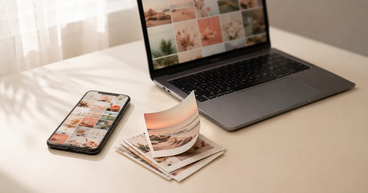 Phone and laptop on a desk showing a grid of lifestyle photos beside a stack of printed photo cards, suggesting online content saved offline