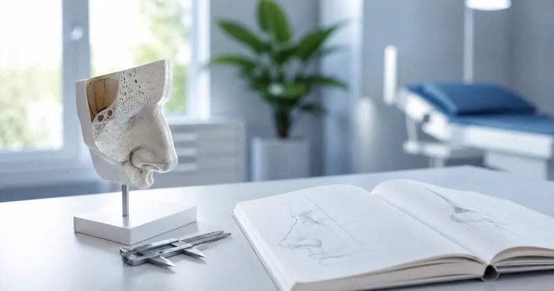 Anatomical model of a nose and facial bone structure beside surgical calipers and a notebook of facial proportion sketches on a clinic consultation desk
