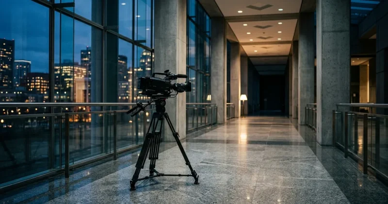 An empty federal courthouse corridor at dusk with a television broadcast camera on a tripod facing down the hallway and a city skyline through the glass wall