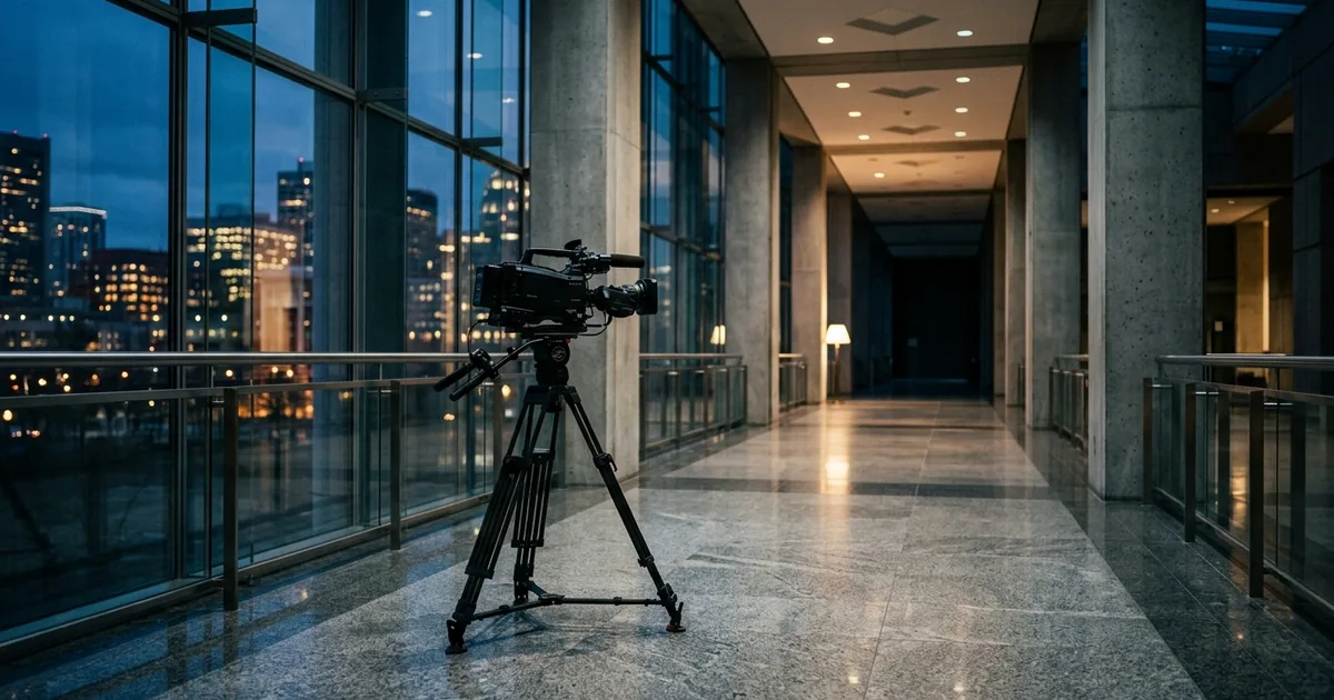 An empty federal courthouse corridor at dusk with a television broadcast camera on a tripod facing down the hallway and a city skyline through the glass wall
