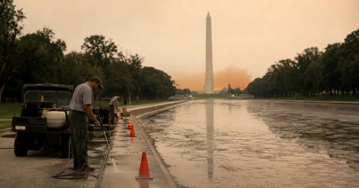 National Park Service maintenance crews and a utility vehicle beside the drained Lincoln Memorial Reflecting Pool at dawn, with orange haze on the horizon
