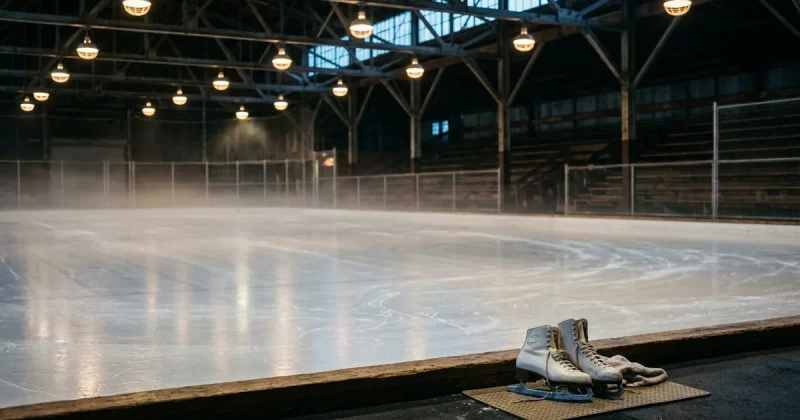 An empty 1960s indoor ice rink at dawn with mist over freshly resurfaced ice, wooden bleachers in shadow and a pair of white leather figure skates left on the boards