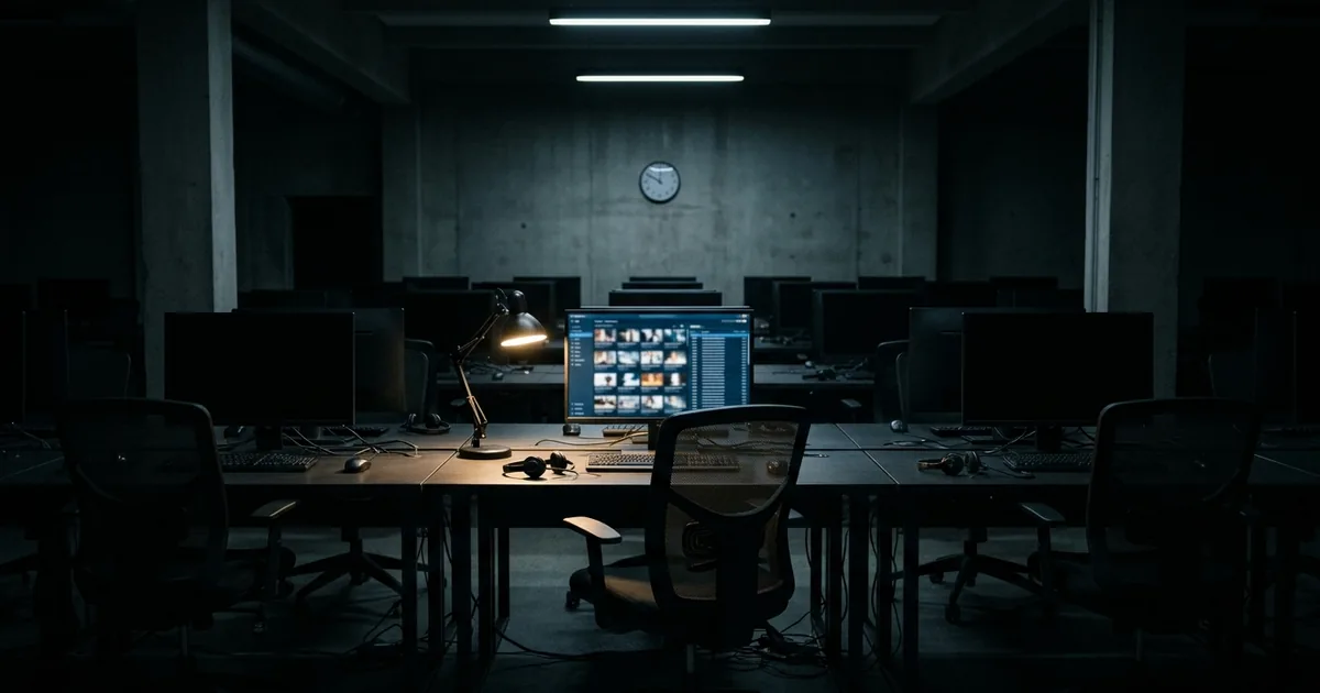 A darkened content moderation office with rows of empty desks and dark monitors, one workstation still lit showing a grid of video thumbnails and a review queue