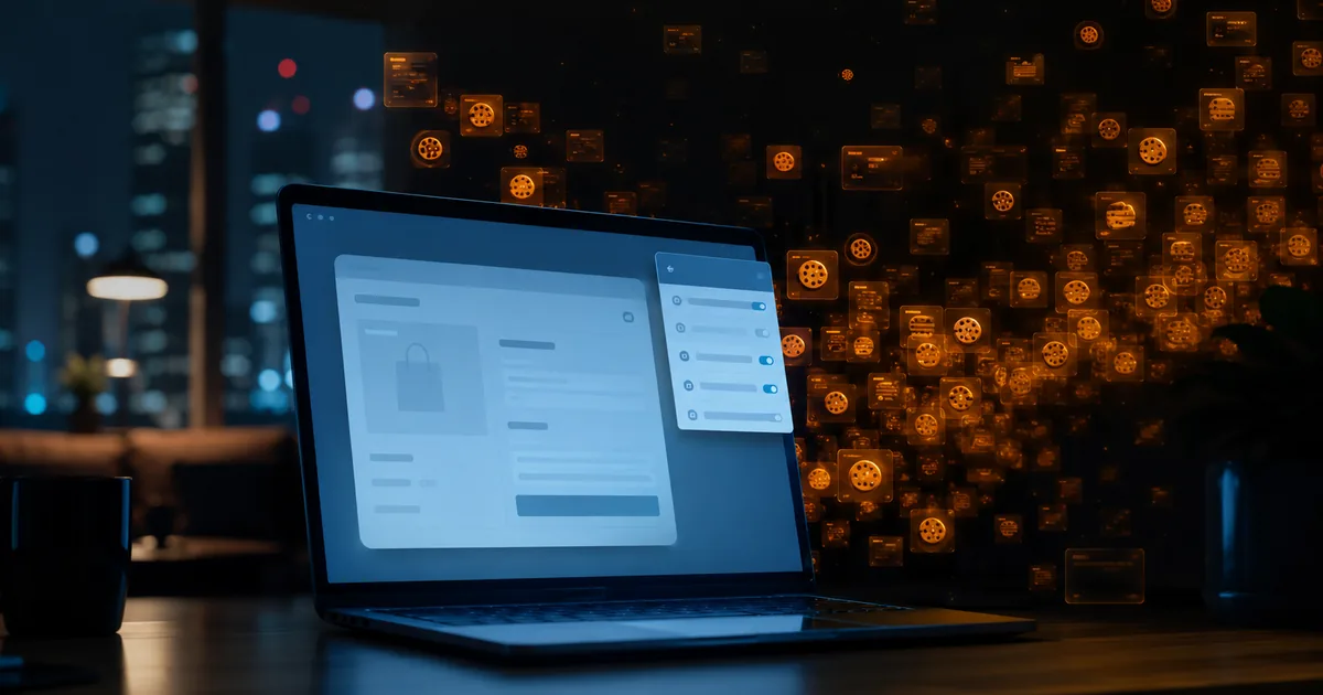 A laptop showing an online checkout page with a browser extension panel open, surrounded by dozens of glowing amber tokens drifting in a dark room