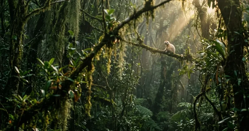 A small pale lemur perched alone on a mossy branch high in a misty Madagascar rainforest canopy with sunlight breaking through the foliage