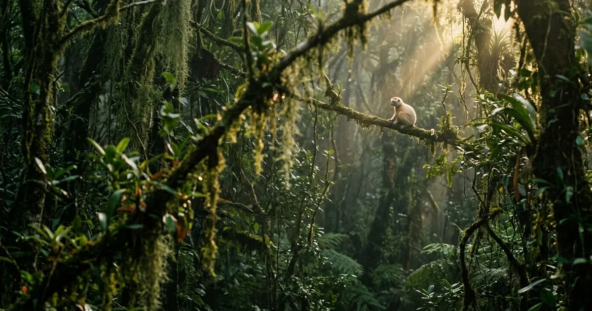 A small pale lemur perched alone on a mossy branch high in a misty Madagascar rainforest canopy with sunlight breaking through the foliage