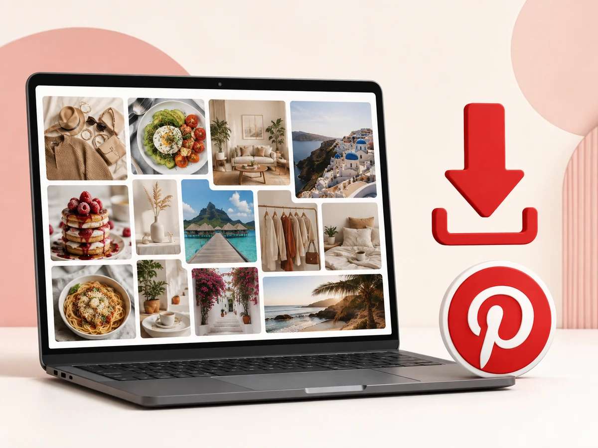 Laptop showing a Pinterest board of home decor, food and travel pins next to a red download icon and the Pinterest logo