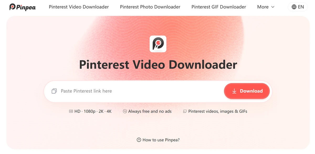 Pinpea homepage with a paste Pinterest link field, a red download button and tabs for video, photo and GIF downloaders