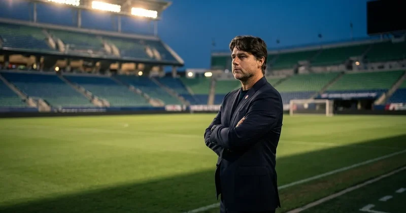 A man in a navy suit stands with arms crossed at the edge of a floodlit soccer pitch in an empty stadium at dusk