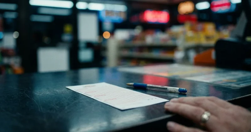 A blank lottery play slip and a ballpoint pen on a dark counter with a hand resting beside them and blurred neon behind