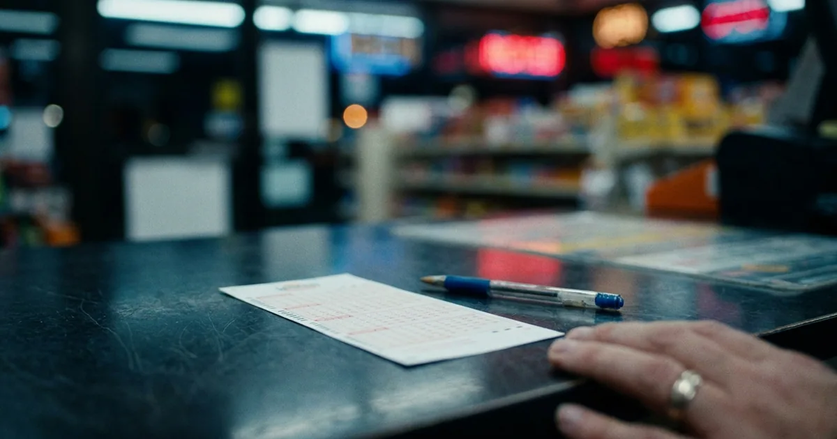 A blank lottery play slip and a ballpoint pen on a dark counter with a hand resting beside them and blurred neon behind