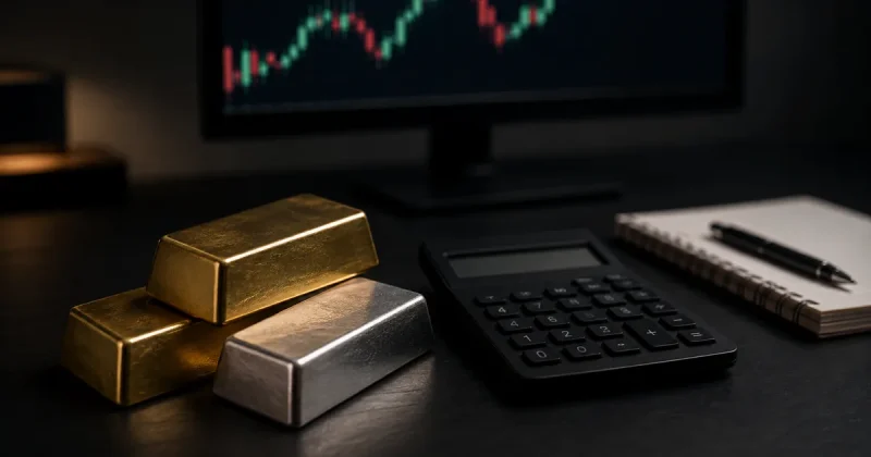 Gold and silver bullion bars on a dark desk beside a calculator, with a candlestick price chart on a monitor behind