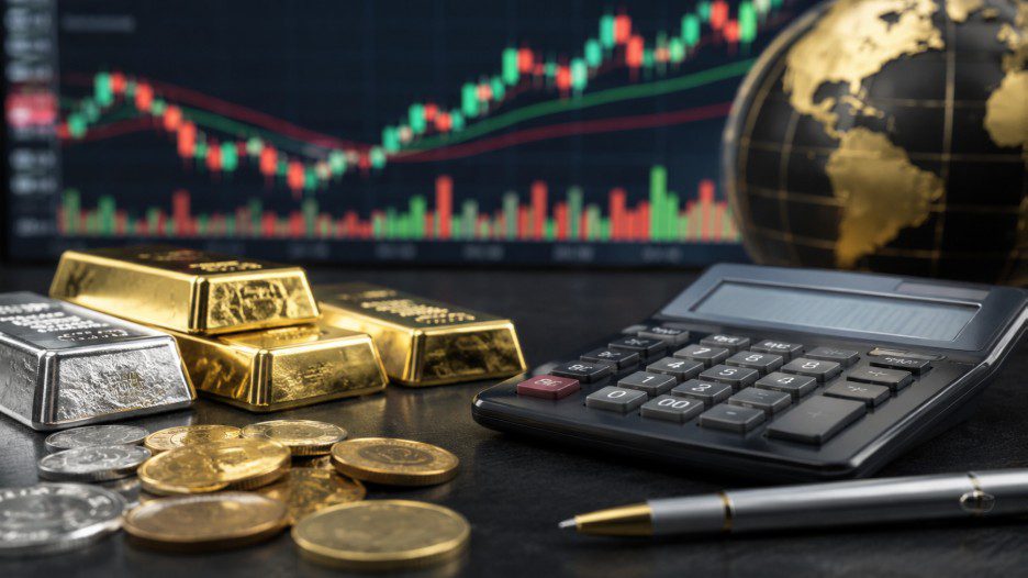 Gold and silver bars beside a calculator and a candlestick price chart on a trading desk