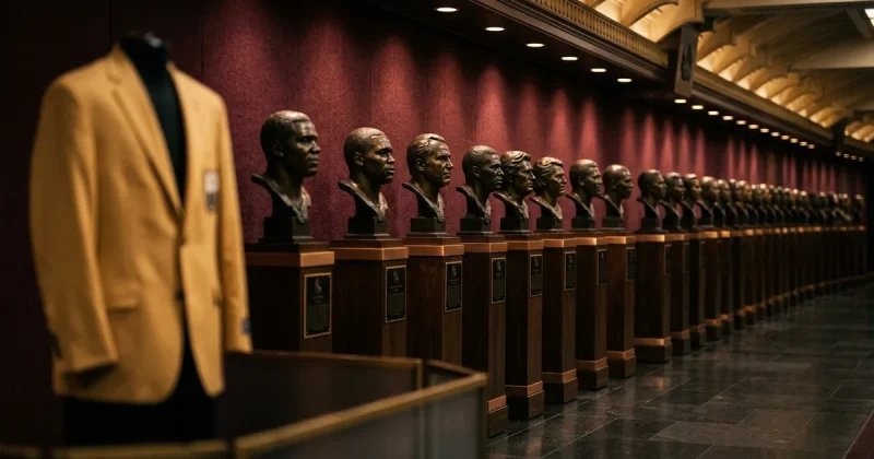 A long receding row of bronze head-and-shoulders busts on wooden pedestals against a burgundy wall, with a gold blazer on a stand blurred in the foreground