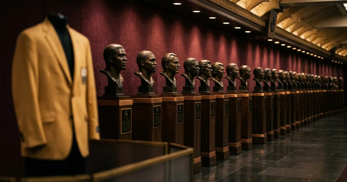 A long receding row of bronze head-and-shoulders busts on wooden pedestals against a burgundy wall, with a gold blazer on a stand blurred in the foreground