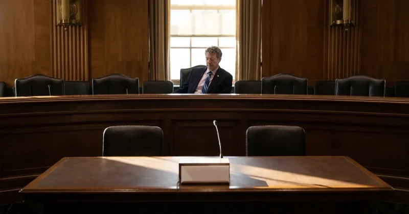 A senator with curly greying hair sits alone on the raised dais of a Senate committee room above an empty witness table with a blank nameplate holder