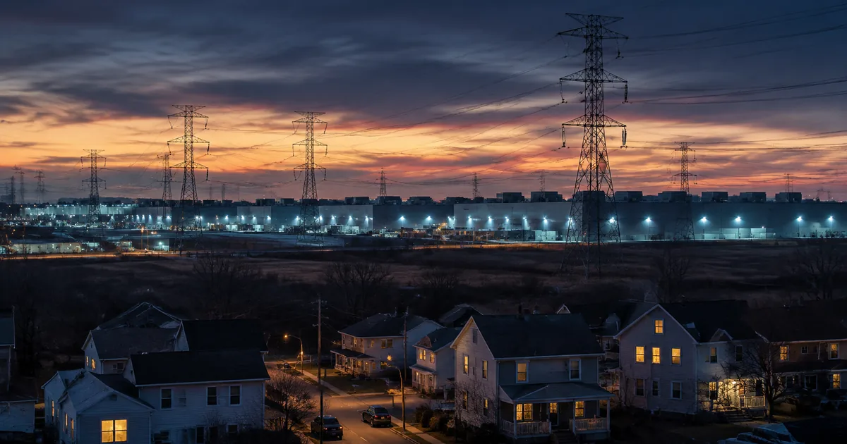 High voltage transmission towers running between small lit houses and a large windowless data center campus at twilight