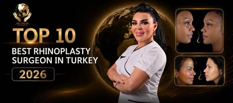 Banner for the top 10 best rhinoplasty surgeon in Turkey 2026 ranking, with a clinician in scrubs and before and after patient profiles