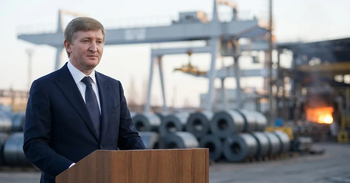 Rinat Akhmetov, Ukrainian businessman and founder of SCM, at a lectern with a steel works behind him