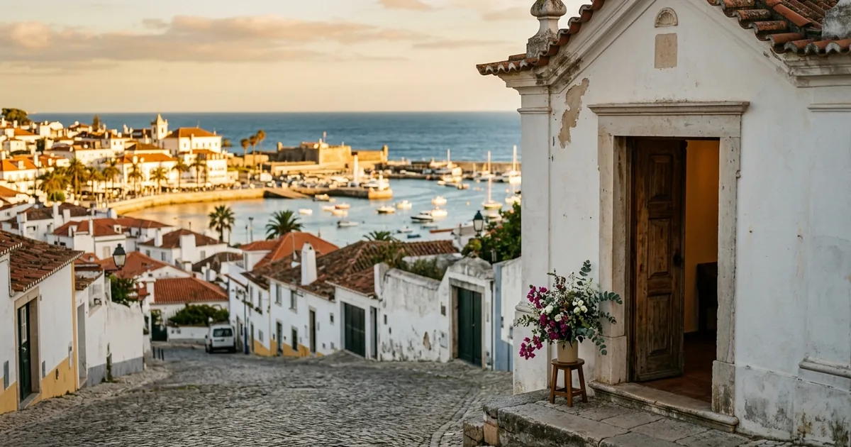 Golden-hour view over the whitewashed old town and harbour of Cascais, Portugal, with a small white building's open wooden door and a flower arrangement in the foreground