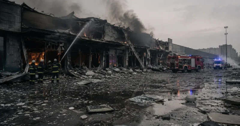 Firefighters in navy turnout gear direct a hose at a blackened, smoking retail building as a red fire engine and an ambulance with blue lights stand on a debris-covered forecourt.