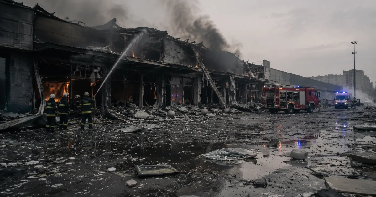 Firefighters in navy turnout gear direct a hose at a blackened, smoking retail building as a red fire engine and an ambulance with blue lights stand on a debris-covered forecourt.