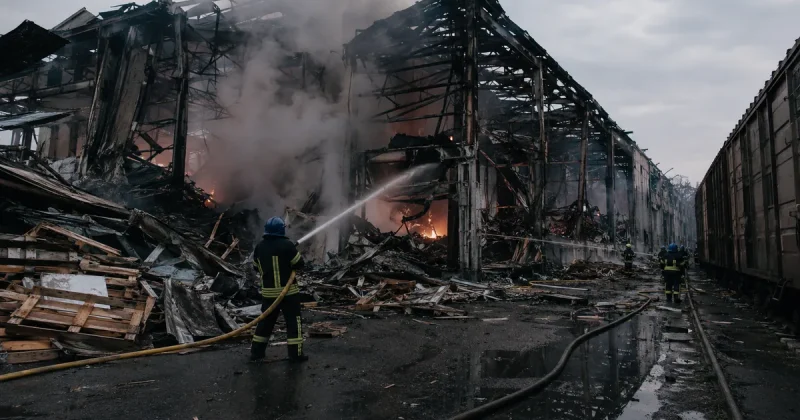 Firefighters in dark navy uniforms and blue helmets aim a hose at a gutted, still-burning steel warehouse beside freight rail wagons, with scattered wooden pallets and debris across wet asphalt