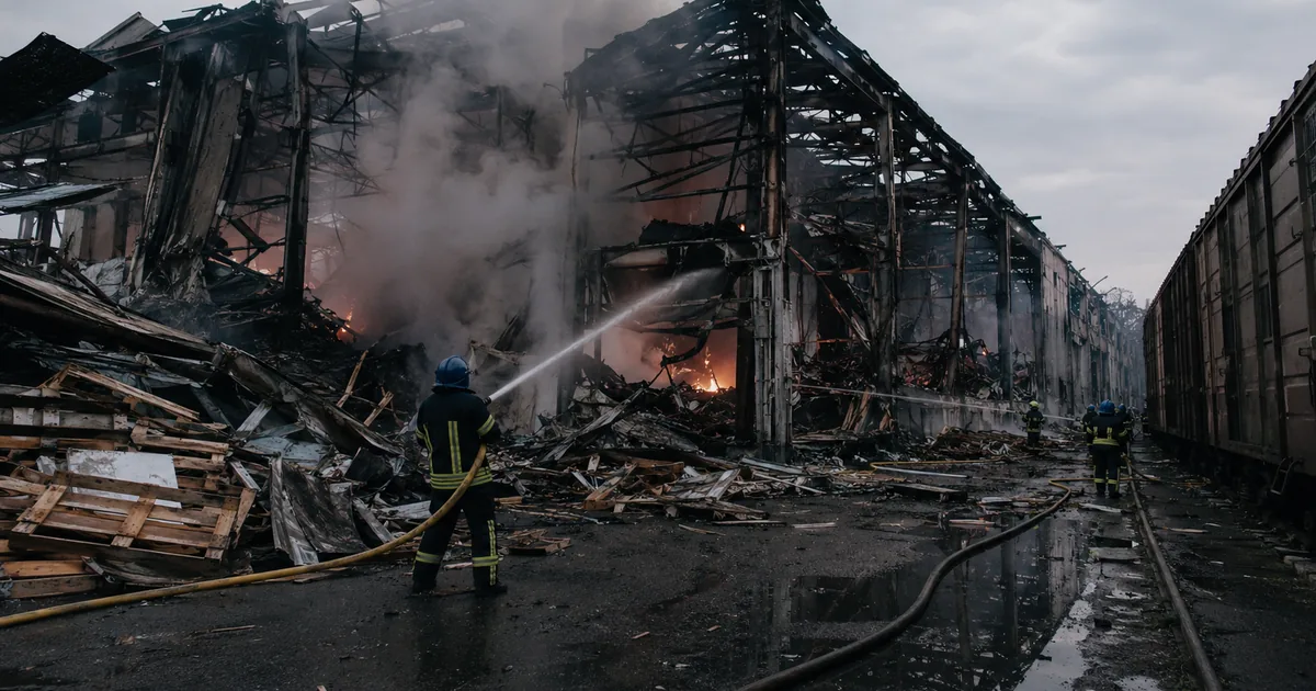 Firefighters in dark navy uniforms and blue helmets aim a hose at a gutted, still-burning steel warehouse beside freight rail wagons, with scattered wooden pallets and debris across wet asphalt